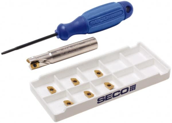 Seco - 1/2" Cut Diam, 0.197" Max Depth of Cut, 1/2" Shank Diam, 2.362" OAL, Indexable Square Shoulder End Mill - XO.X 0602 Inserts, Cylindrical Shank, 90° Lead Angle, Through Coolant, Series Nano Turbo - Benchmark Tooling