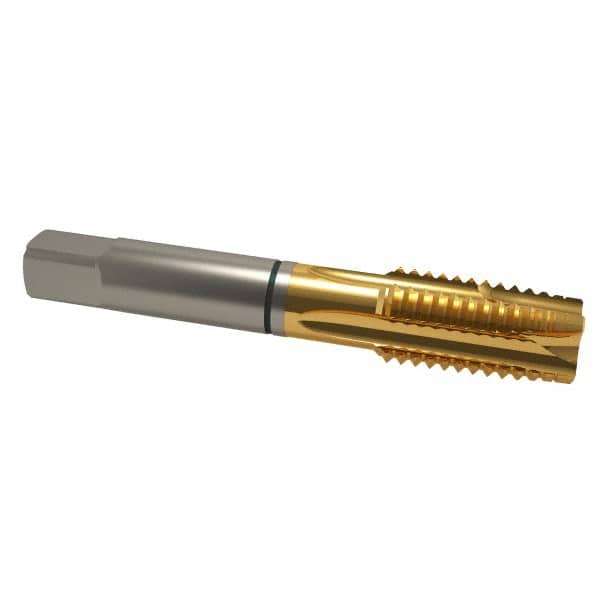 Guhring - 1-8 UNC, 4 Flute, TiN Finish, Cobalt Spiral Point Tap - Plug Chamfer, Right Hand Thread, 5-1/8" OAL, 0.8" Shank Diam, 2B Class of Fit, Series 3916 - Exact Industrial Supply
