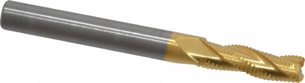 RobbJack - 1/4" Diam, Fine Pitch, 3/4" LOC, 3 Flute Solid Carbide Roughing Square End Mill - TiN Finish, 2-1/2" OAL, 1/4" Shank Diam, Single End, Centercutting, 30° Helix - Benchmark Tooling