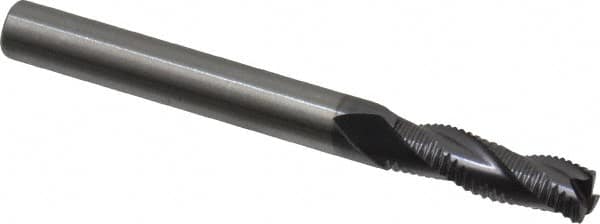 RobbJack - 1/4" Diam, Fine Pitch, 3/4" LOC, 3 Flute Solid Carbide Roughing Square End Mill - AlTiN Finish, 2-1/2" OAL, 1/4" Shank Diam, Single End, Centercutting, 30° Helix - Benchmark Tooling