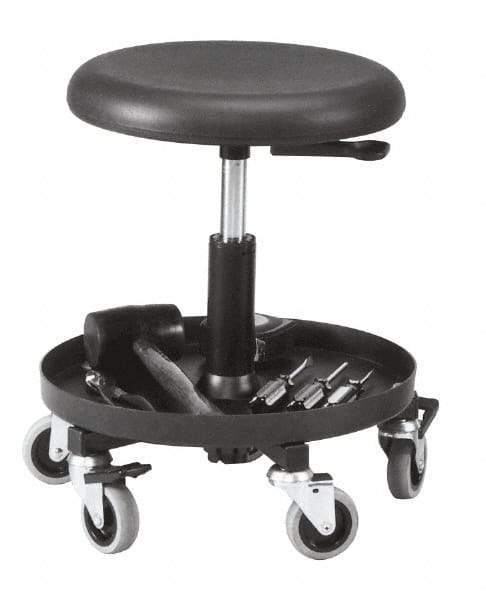 Bevco - 16 to 20-1/4" Hight Maintenance Repair Utility Stool with 16" Plastic Storage Tray - Polyurethane Seat, Black, Five 3" Rubber Wheel Casters - Benchmark Tooling