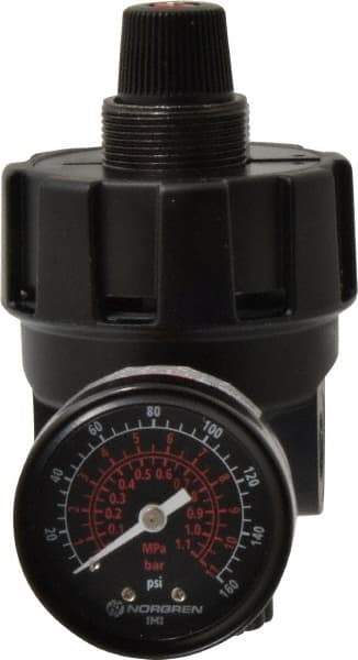 Norgren - 1/4 NPT Port, 200 CFM, Zinc Hi-Flow Regulator - 10 to 125 psi Range, 300 Max psi Supply Pressure, 1/4" Gauge Port Thread, 2.7" Wide x 4.83" High - Benchmark Tooling