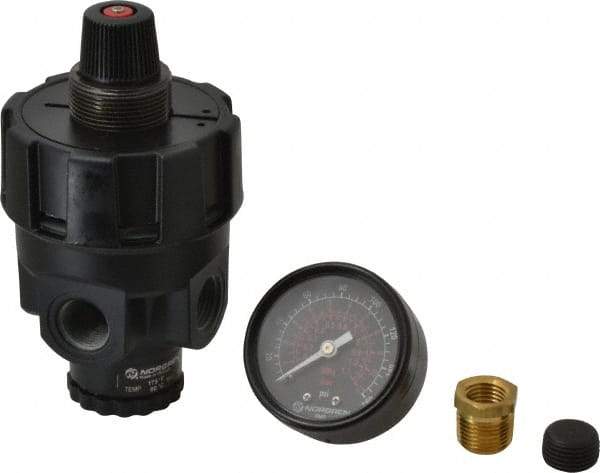 Norgren - 3/8 NPT Port, Zinc Hi-Flow Regulator - 10 to 125 psi Range, 300 Max psi Supply Pressure, 3/8" Gauge Port Thread, 2.7" Wide x 4.83" High - Benchmark Tooling