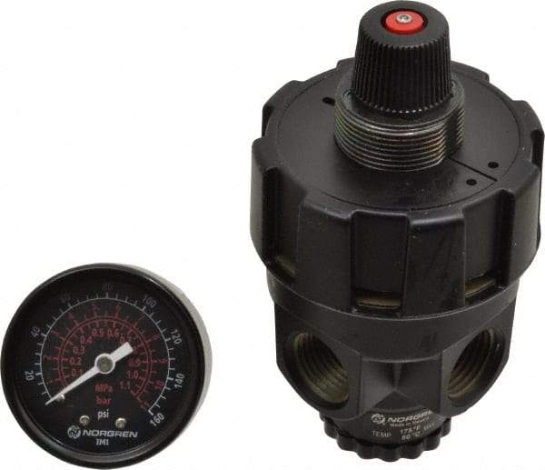 Norgren - 1/2 NPT Port, Zinc Hi-Flow Regulator - 10 to 125 psi Range, 300 Max psi Supply Pressure, 1/2" Gauge Port Thread, 2.7" Wide x 4.83" High - Benchmark Tooling