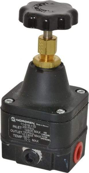 Norgren - 1/4 NPT Port, 12 CFM, Zinc Precision Constant Bleed Regulator - 3 to 150 psi Range, 200 Max psi Supply Pressure, 2.12" Wide x 4.55" High - Benchmark Tooling