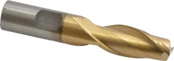 Interstate - 5/8", 1-5/16" LOC, 5/8" Shank Diam, 3-7/16" OAL, 2 Flute, High Speed Steel Square End Mill - Single End, TiN Finish, Spiral Flute, 30° Helix, Centercutting, Right Hand Cut, Right Hand Flute - Benchmark Tooling