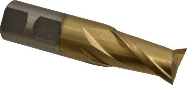 Interstate - 7/8", 1-1/2" LOC, 7/8" Shank Diam, 3-3/4" OAL, 2 Flute, High Speed Steel Square End Mill - Single End, TiN Finish, Spiral Flute, 30° Helix, Centercutting, Right Hand Cut, Right Hand Flute - Benchmark Tooling