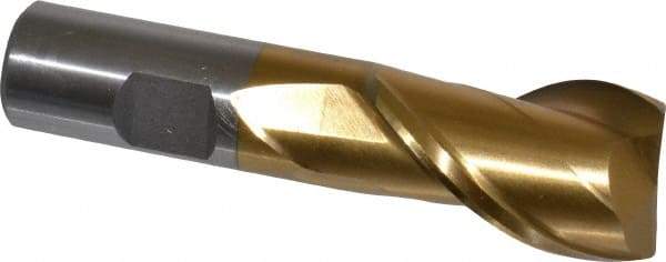 Interstate - 1", 1-1/2" LOC, 3/4" Shank Diam, 3-3/4" OAL, 2 Flute, High Speed Steel Square End Mill - Single End, TiN Finish, Spiral Flute, 30° Helix, Centercutting, Right Hand Cut, Right Hand Flute - Benchmark Tooling