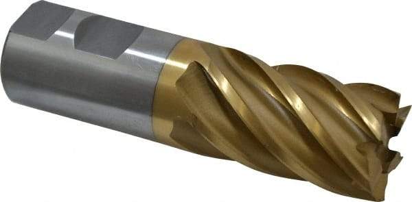 Interstate - 1-1/4", 2" LOC, 1-1/4" Shank Diam, 4-1/2" OAL, 6 Flute, High Speed Steel Square End Mill - Single End, TiN Finish, Spiral Flute, 30° Helix, Right Hand Cut, Right Hand Flute - Benchmark Tooling