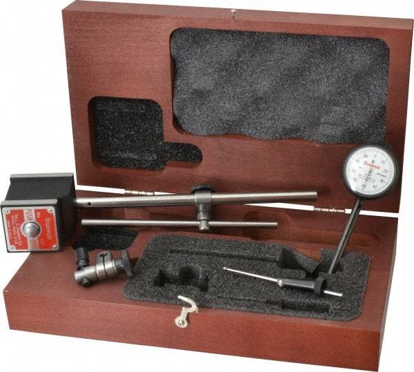 Starrett - 0.001" Graduation, 0-100 Dial Reading, Dial Indicator & Base Kit - 1-15/16" Base Length x 1-5/8" Base Width x 1-7/8" Base Height, 1-11/16" Dial Diam - Benchmark Tooling