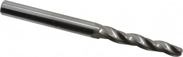 Accupro - 1° Taper Angle per Side, 3/16" Small End Diam, 1-1/4" LOC, Solid Carbide 3 Flute Tapered Ball End Mill - 3" OAL, 1/4" Shank Diam - Benchmark Tooling