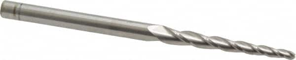 Accupro - 2° Taper Angle per Side, 3/32" Small End Diam, 1-1/4" LOC, Solid Carbide 3 Flute Tapered Ball End Mill - 3" OAL, 3/16" Shank Diam - Benchmark Tooling