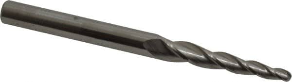 Accupro - 3° Taper Angle per Side, 1/8" Small End Diam, 1-1/4" LOC, Solid Carbide 3 Flute Tapered Ball End Mill - 3" OAL, 1/4" Shank Diam - Benchmark Tooling