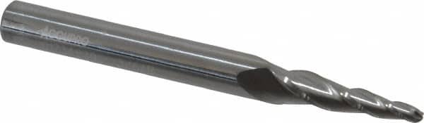 Accupro - 5° Taper Angle per Side, 3/32" Small End Diam, 3/4" LOC, Solid Carbide 3 Flute Tapered Ball End Mill - 2-1/2" OAL, 1/4" Shank Diam - Benchmark Tooling