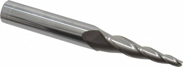 Accupro - 5° Taper Angle per Side, 1/8" Small End Diam, 1-1/4" LOC, Solid Carbide 3 Flute Tapered Ball End Mill - 3" OAL, 3/8" Shank Diam - Benchmark Tooling