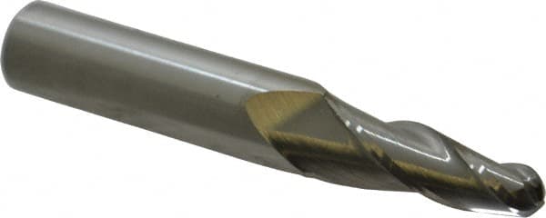 Accupro - 5° Taper Angle per Side, 1/4" Small End Diam, 1" LOC, Solid Carbide 3 Flute Tapered Ball End Mill - 2-3/4" OAL, 7/16" Shank Diam - Benchmark Tooling