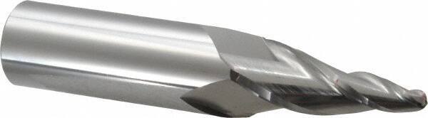 Accupro - 10° Taper Angle per Side, 1/4" Small End Diam, 2" LOC, Solid Carbide 3 Flute Tapered Ball End Mill - 5" OAL, 1" Shank Diam - Benchmark Tooling