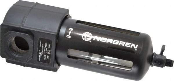 Norgren - 3/4" Port, 7.95" High x 3.15" Wide Standard Filter with Polycarbonate Bowl, Manual Drain - 140 SCFM, 150 Max psi, 125°F Max Temp, Modular Connection, Bowl Guard, 7 oz Bowl Capacity - Benchmark Tooling