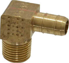 Parker - 1/4" Tube ID, 1/8-27 Thread, Metal Barbed Male Tube Elbow - Brass, 3/8" Tube OD - Benchmark Tooling