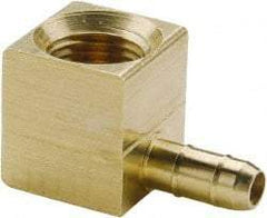 Parker - 1/4" Tube ID, 1/4-18 Thread, Metal Barbed Female Tube Elbow - Brass, 3/8" Tube OD - Benchmark Tooling