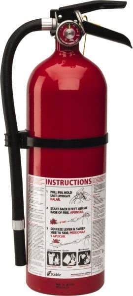 Kidde - 5 Lb, 3-A:40-B:C Rated, Dry Chemical Fire Extinguisher - 4-1/2" Diam x 16.07" High, 195 psi, 18' Discharge in 15 sec, Rechargeable, Seamless Aluminum Cylinder - Benchmark Tooling