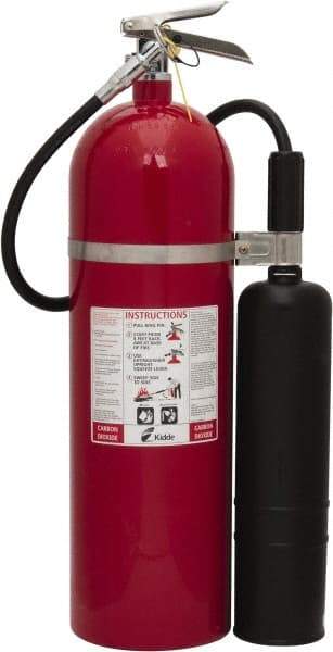 Kidde - 15 Lb, 10-B:C Rated, Carbon Dioxide Fire Extinguisher - 6.87" Diam x 26" High, 850 psi, 8' Discharge in 14 sec, Rechargeable, Aluminum Cylinder - Benchmark Tooling