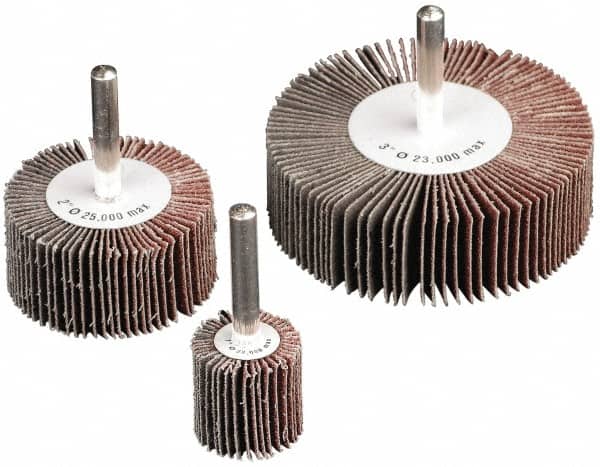 Superior Abrasives - 3" Diam x 3/4" Face Width, Fine Aluminum Oxide Coated Mounted Flap Wheel - 1/4-20 Threaded Mount, 120 Grit, 20,000 Max RPM - Benchmark Tooling