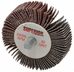 Superior Abrasives - 2" Diam x 1/2" Face Width, Medium Aluminum Oxide Coated Mounted Flap Wheel - 1/4-20 Threaded Mount, 80 Grit, X Weighted Cloth Backing, 25,000 Max RPM - Benchmark Tooling