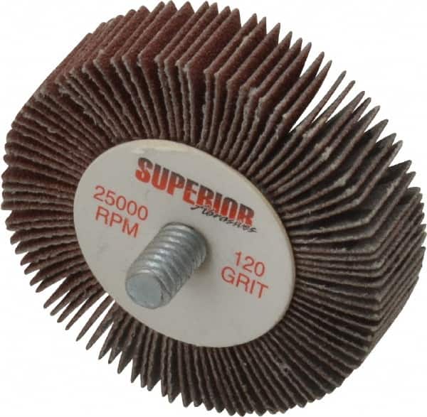 Superior Abrasives - 2" Diam x 1/2" Face Width, Fine Aluminum Oxide Coated Mounted Flap Wheel - 1/4-20 Threaded Mount, 120 Grit, X Weighted Cloth Backing, 25,000 Max RPM - Benchmark Tooling