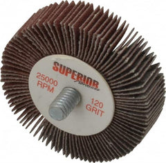 Superior Abrasives - 2" Diam x 1/2" Face Width, Fine Aluminum Oxide Coated Mounted Flap Wheel - 1/4-20 Threaded Mount, 120 Grit, X Weighted Cloth Backing, 25,000 Max RPM - Benchmark Tooling
