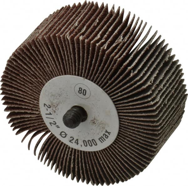 CGW Abrasives - 2-1/2" Diam x 1" Face Width, Medium Aluminum Oxide Coated Mounted Flap Wheel - 1/4-20 Threaded Mount, 80 Grit, 25,000 Max RPM - Benchmark Tooling
