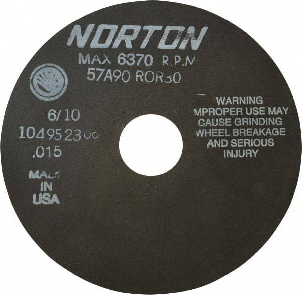 Norton - 6" 90 Grit Aluminum Oxide Cutoff Wheel - 0.015" Thick, 1-1/4" Arbor, 6,370 Max RPM, Use with Stationary Tools - Benchmark Tooling