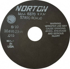 Norton - 6" 90 Grit Aluminum Oxide Cutoff Wheel - 0.015" Thick, 1-1/4" Arbor, 6,370 Max RPM, Use with Stationary Tools - Benchmark Tooling