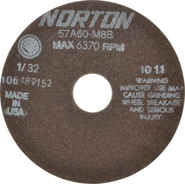 Norton - 6" 60 Grit Aluminum Oxide Cutoff Wheel - 1/32" Thick, 1-1/4" Arbor, 6,370 Max RPM, Use with Stationary Tools - Benchmark Tooling