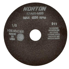 Norton - 7" 60 Grit Aluminum Oxide Cutoff Wheel - 1/8" Thick, 1-1/4" Arbor, 6,550 Max RPM, Use with Stationary Tools - Benchmark Tooling