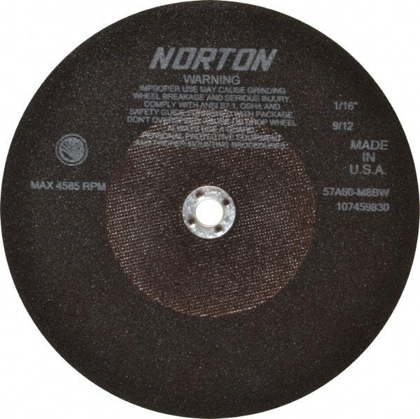 Norton - 10" 60 Grit Aluminum Oxide Cutoff Wheel - 1/16" Thick, 5/8" Arbor, 4,585 Max RPM, Use with Stationary Tools - Benchmark Tooling