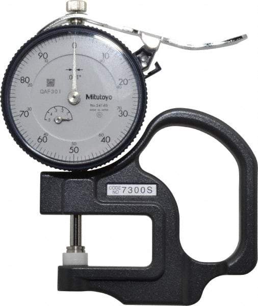 Mitutoyo - 0 to 1/2 Inch Measurement, 0.001 Inch Graduation, 1.1811 Inch Throat Depth, Dial Thickness Gage - 0.001 Inch Accuracy, 1.4 N Force, 2 Inch Dial Diameter - Benchmark Tooling