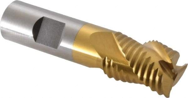Interstate - 7/8" Diam, Coarse Pitch, 1-1/8" LOC, 3 Flute Cobalt Roughing Square End Mill - TiN Finish, 3-3/8" OAL, 3/4" Shank Diam, Single End, Centercutting - Benchmark Tooling