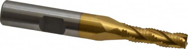 Interstate - 1/4" Diam, Fine Pitch, 7/8" LOC, 3 Flute Cobalt Roughing Square End Mill - TiN Finish, 2-11/16" OAL, 3/8" Shank Diam, Single End - Benchmark Tooling