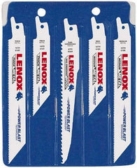 Lenox - 5 Piece, 4" to 6" Long x 0.035" to 0.05" Thick, Bi-Metal Reciprocating Saw Blade Set - Tapered Profile, 6 to 18 Teeth per Inch, Toothed Edge - Benchmark Tooling