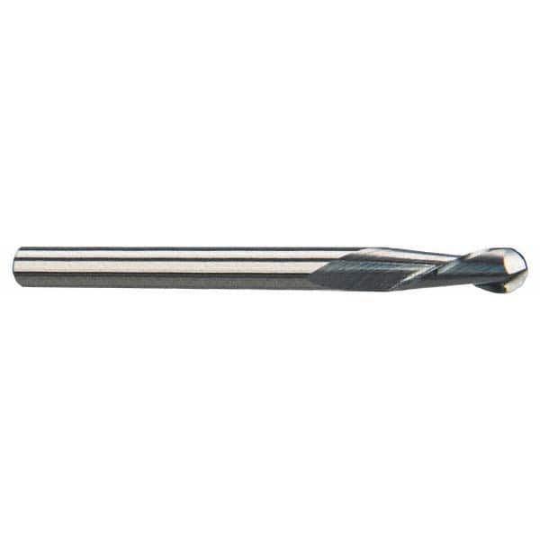 Ball End Mill: 0.0625″ Dia, 0.1875″ LOC, 2 Flute, Solid Carbide 1-1/2″ OAL, 1/8″ Shank Dia, 30 ° Helix, Uncoated, Single End