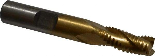 Interstate - 11/32" Diam, Coarse Pitch, 3/4" LOC, 3 Flute Cobalt Roughing Square End Mill - TiN Finish, 2-1/2" OAL, 3/8" Shank Diam, Single End, Centercutting - Benchmark Tooling