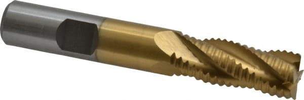 Interstate - 1/2" Diam, Coarse Pitch, 1-1/4" LOC, 4 Flute Cobalt Roughing Square End Mill - TiN Finish, 3-1/4" OAL, 1/2" Shank Diam, Single End, Centercutting - Benchmark Tooling