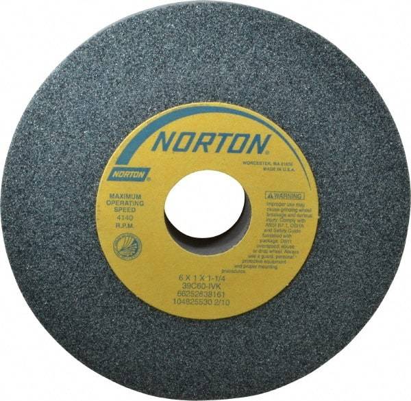 Norton - 6" Diam x 1-1/4" Hole x 1" Thick, I Hardness, 60 Grit Surface Grinding Wheel - Silicon Carbide, Type 1, Medium Grade, 4,140 Max RPM, Vitrified Bond, No Recess - Benchmark Tooling