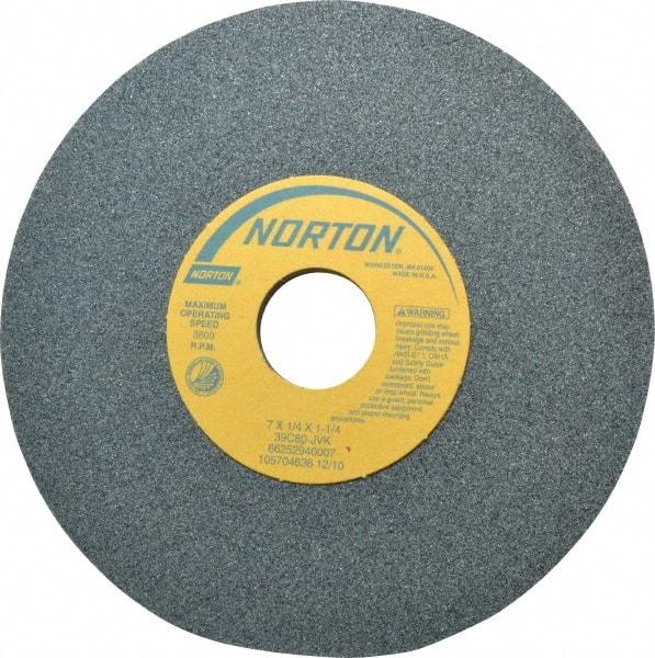 Norton - 7" Diam x 1-1/4" Hole x 1/4" Thick, J Hardness, 80 Grit Surface Grinding Wheel - Silicon Carbide, Type 1, Medium Grade, 3,600 Max RPM, Vitrified Bond, No Recess - Benchmark Tooling