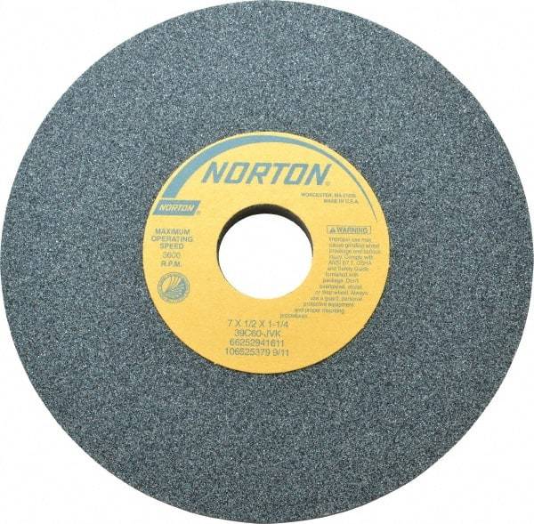 Norton - 7" Diam x 1-1/4" Hole x 1/2" Thick, J Hardness, 60 Grit Surface Grinding Wheel - Silicon Carbide, Type 1, Medium Grade, 3,600 Max RPM, Vitrified Bond, No Recess - Benchmark Tooling