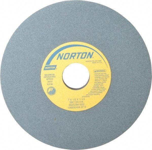 Norton - 7" Diam x 1-1/4" Hole x 1/2" Thick, I Hardness, 120 Grit Surface Grinding Wheel - Silicon Carbide, Type 1, Fine Grade, 3,600 Max RPM, Vitrified Bond, No Recess - Benchmark Tooling