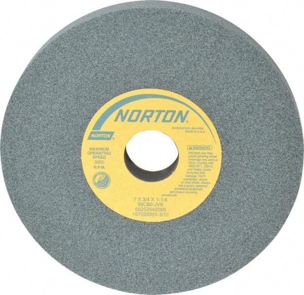 Norton - 7" Diam x 1-1/4" Hole x 3/4" Thick, J Hardness, 80 Grit Surface Grinding Wheel - Silicon Carbide, Type 1, Medium Grade, 3,600 Max RPM, Vitrified Bond, No Recess - Benchmark Tooling