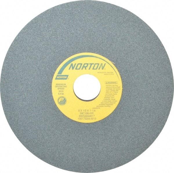 Norton - 8" Diam x 1-1/4" Hole x 1/2" Thick, I Hardness, 100 Grit Surface Grinding Wheel - Silicon Carbide, Type 1, Fine Grade, 3,600 Max RPM, Vitrified Bond, No Recess - Benchmark Tooling