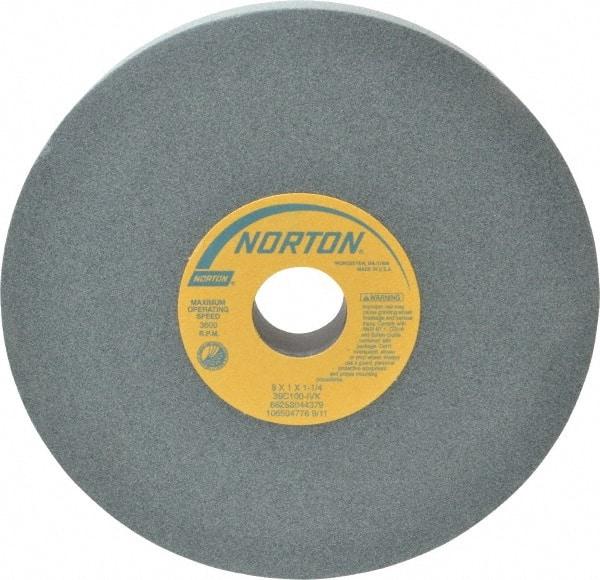 Norton - 8" Diam x 1-1/4" Hole x 1" Thick, I Hardness, 100 Grit Surface Grinding Wheel - Silicon Carbide, Type 1, Fine Grade, 3,600 Max RPM, Vitrified Bond, No Recess - Benchmark Tooling